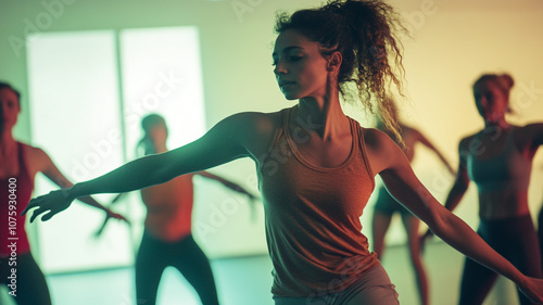 Group dance class session focusing on movement and expression in a vibrant studio setting
