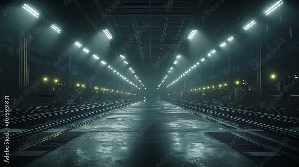 A dimly lit industrial space with long rows of lights illuminating a wide pathway, creating an atmospheric and moody environment. A dimly lit industrial space with long rows of lights illuminating a wide pathway, creating an atmospheric and moody environment.