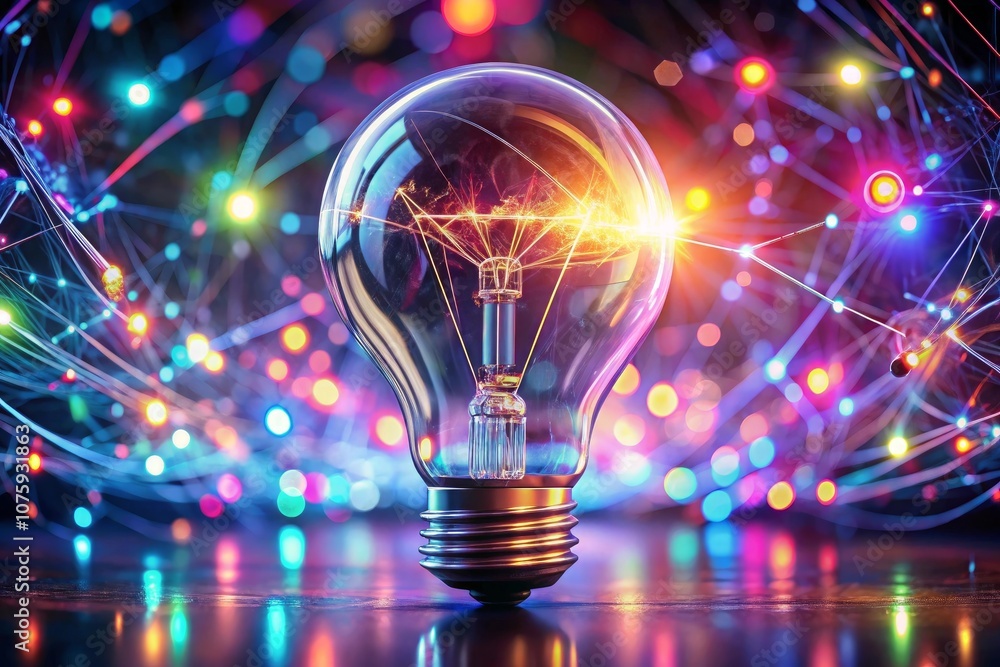 a light bulb with a purple background and colorful lights a light bulb with a purple background and colorful lights
