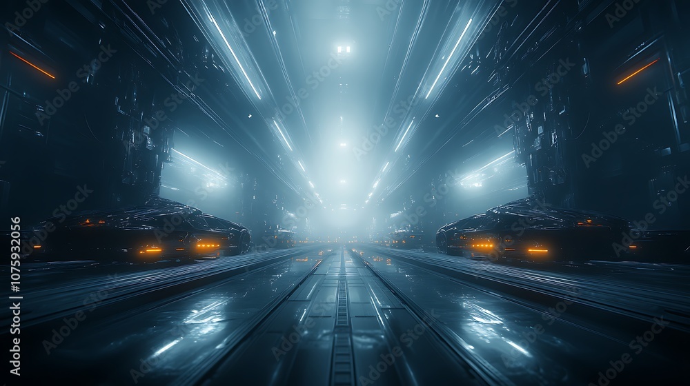 A futuristic, illuminated corridor in a high-tech environment featuring sleek vehicles and atmospheric lighting. A futuristic, illuminated corridor in a high-tech environment featuring sleek vehicles and atmospheric lighting.