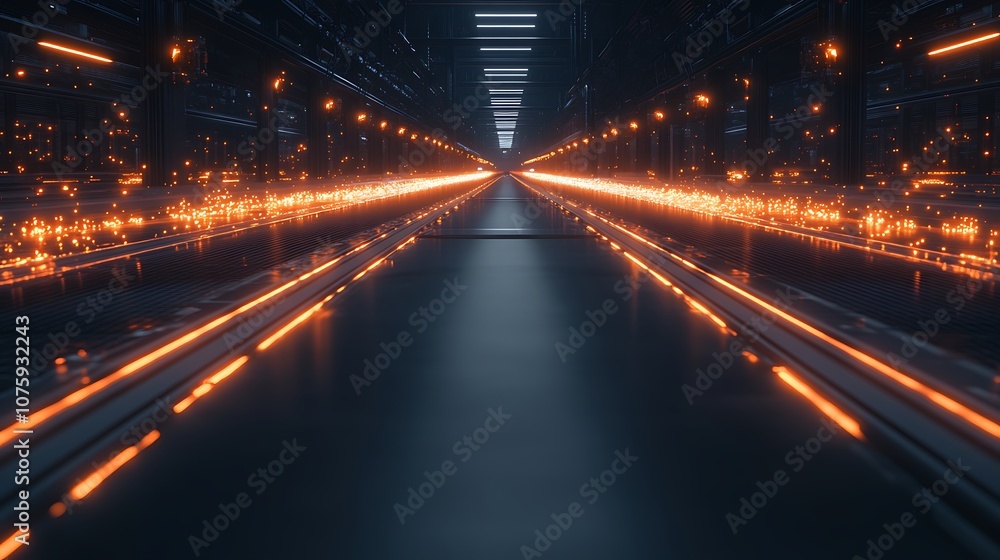 A futuristic corridor illuminated by glowing lines, creating an ethereal atmosphere. The perspective emphasizes depth and technology. A futuristic corridor illuminated by glowing lines, creating an ethereal atmosphere. The perspective emphasizes depth and technology.