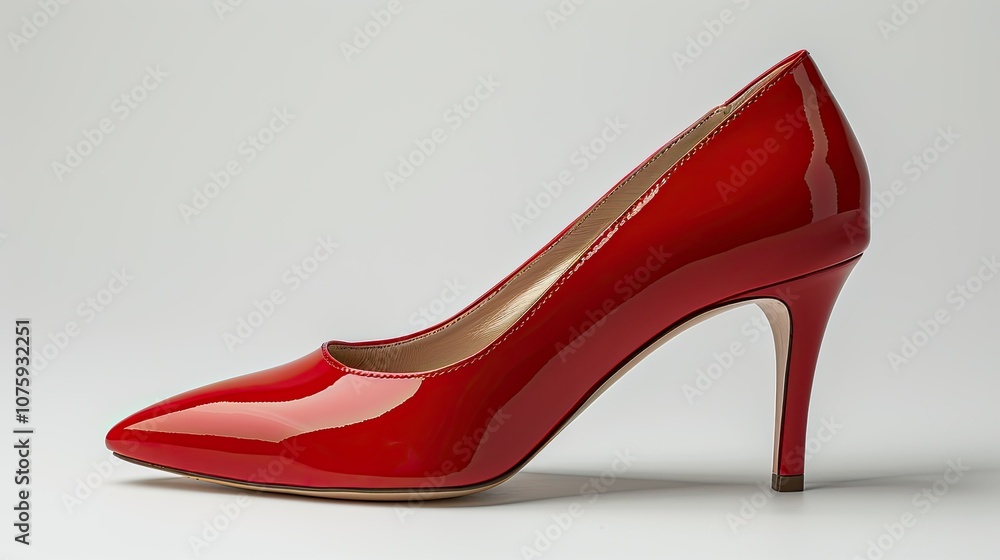 Obraz premium Red patent leather stiletto heel shoe isolated on a white background.