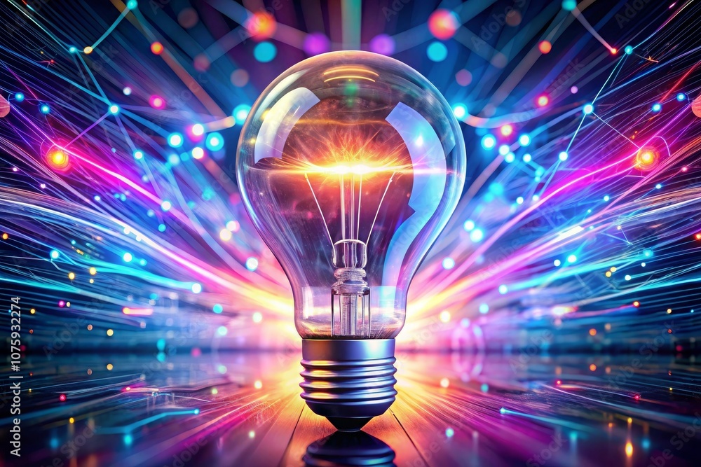 a light bulb with a purple background and colorful lights a light bulb with a purple background and colorful lights