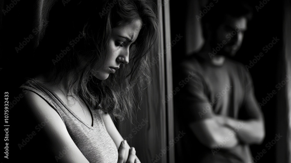 Woman looking down, arms crossed, man looking out the window in silence, generative ai Woman looking down, arms crossed, man looking out the window in silence, generative ai