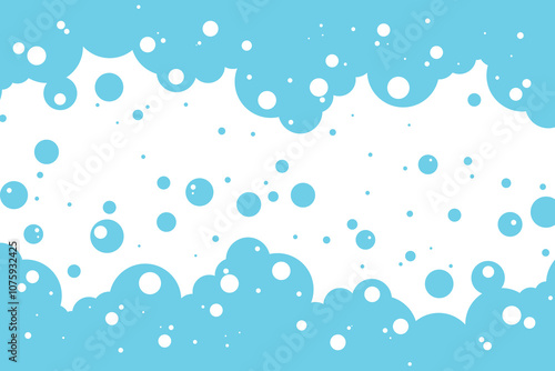 Cartoon soap bubble blue background, bath foam frame, shower water pattern, laundry transparent suds.