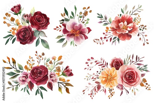  Set Watercolor flowers. Hand painted floral illustration. Bouquet of flowers red rose