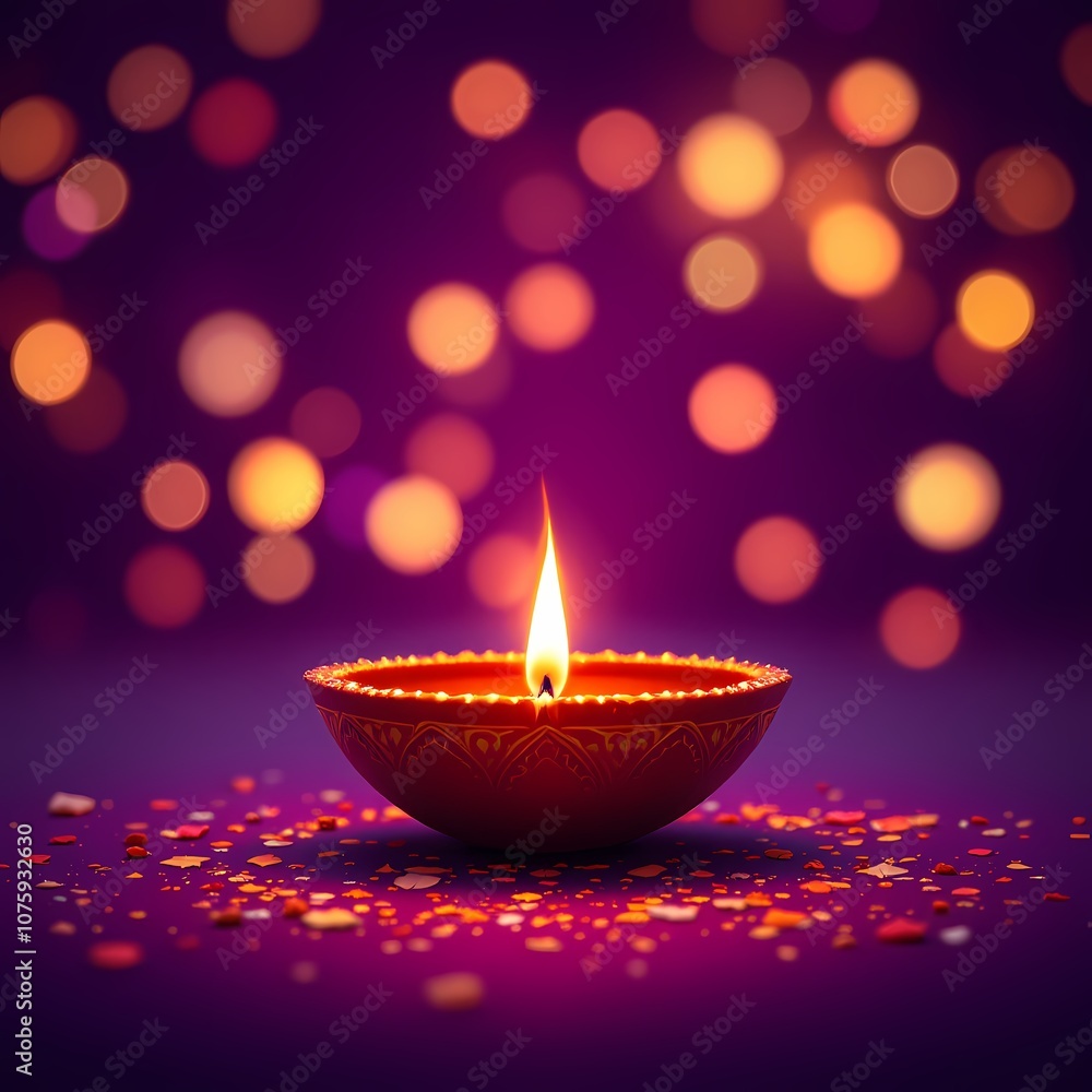 lit traditional oil lamp on purple bokeh background lit traditional oil lamp on purple bokeh background