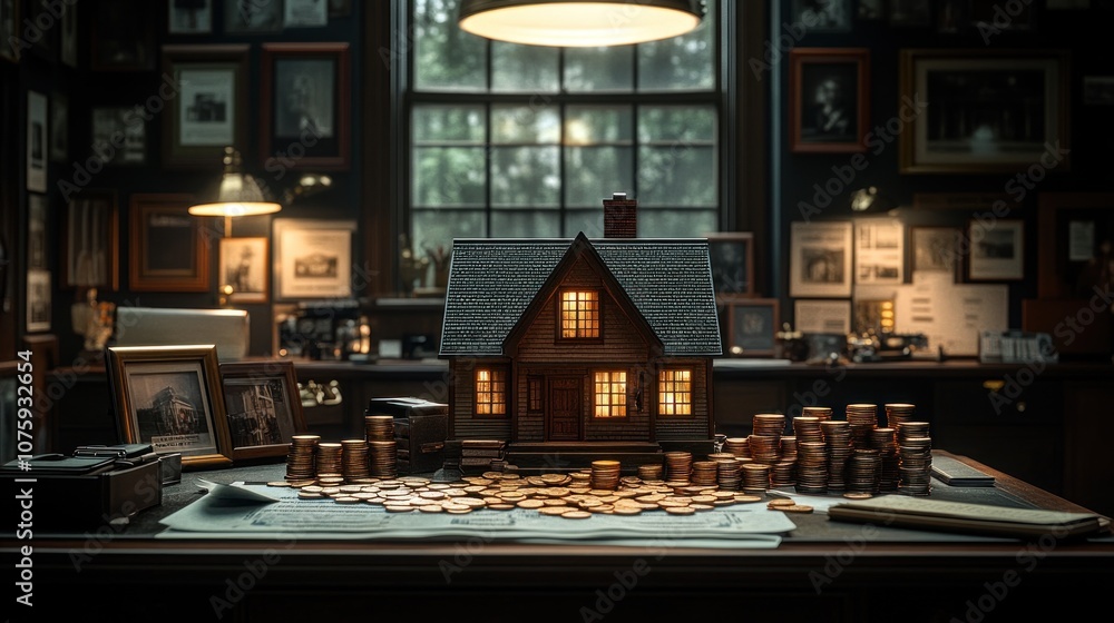 A miniature house sits on a desk surrounded by stacks of coins. A miniature house sits on a desk surrounded by stacks of coins.