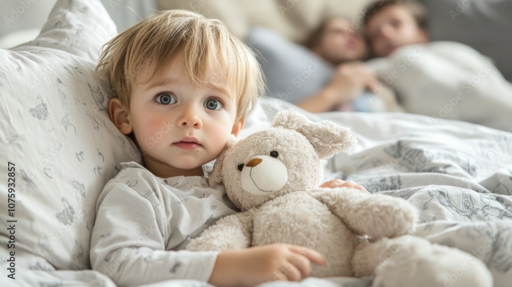 A little boy clutching a stuffed animal in his bed, looking worried. generative ai A little boy clutching a stuffed animal in his bed, looking worried. generative ai