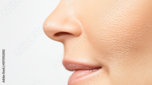 Beauty concept, Close up of woman face showing dry, irritated skin with visible texture. image highlights contours and features of skin, emphasizing its condition and appearance