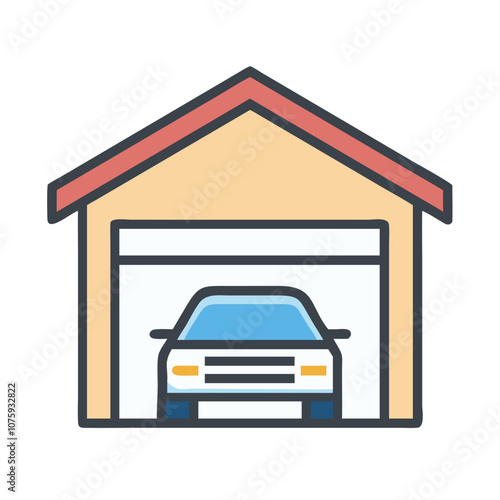 Garage icon with car inside illustration, Vector illustration of a garage with an open door and a car parked inside, representing home storage and vehicle protection. 