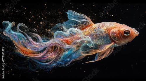 Goldfish with Abstract Tail in Black Space