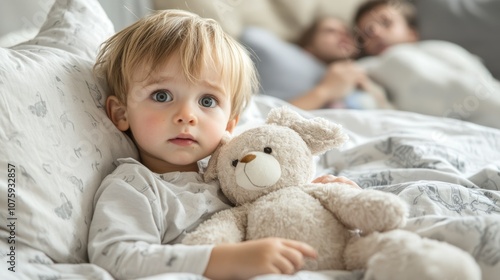 A little boy clutching a stuffed animal in his bed, looking worried. generative ai