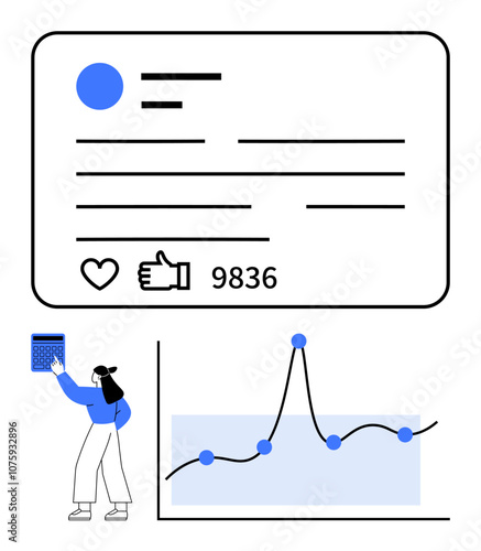Social media card, user interacting with data on a tablet, line graph with nodes. Ideal for social media analysis, user engagement tracking, digital marketing insights, data interaction, trend