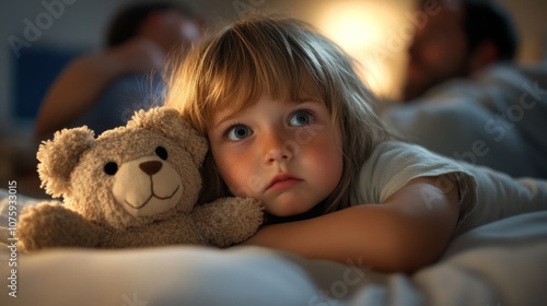 A little boy clutching a stuffed animal in his bed, looking worried. generative ai