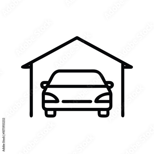 Garage icon with car outline design, Vector line illustration of a garage with a car inside, depicted in a simple black outline style representing parking and vehicle storage.
