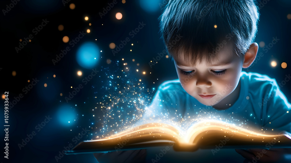 Night, learning and storytelling with boy and book for knowledge, relax and fairytale Night, learning and storytelling with boy and book for knowledge, relax and fairytale