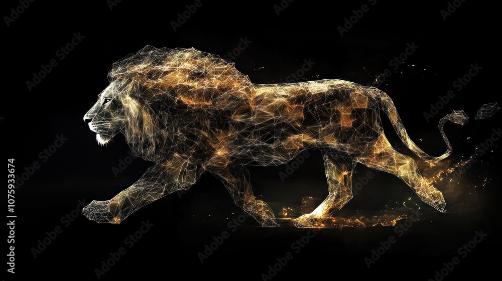 Golden Lion in Motion, a Wireframe Illustration Golden Lion in Motion, a Wireframe Illustration