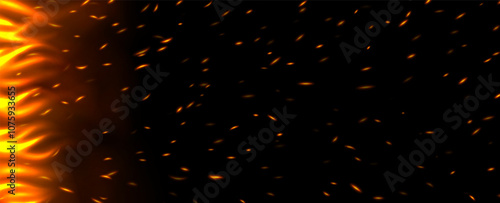 Flame with sparks, fire with flying cinder, abstract glowing embers, heat sparkles, bokeh fire texture. Vector illustration.
