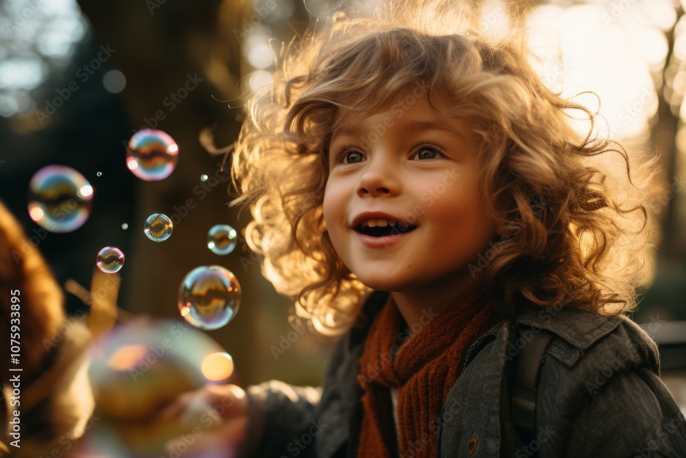 Young Boy with Curly Hair Watching Bubbles Float Young Boy with Curly Hair Watching Bubbles Float