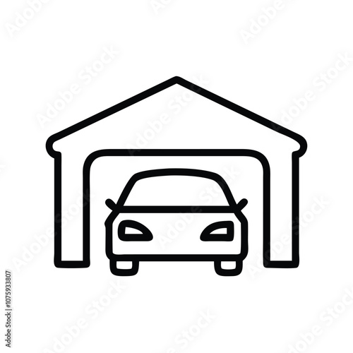 Garage icon with car outline design, Vector line illustration of a garage with a car inside, depicted in a simple black outline style representing parking and vehicle storage.
