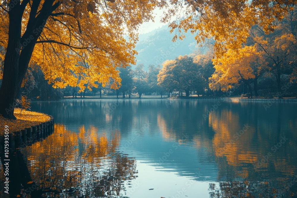 Naklejka premium Autumnal Reflections on a Still Lake