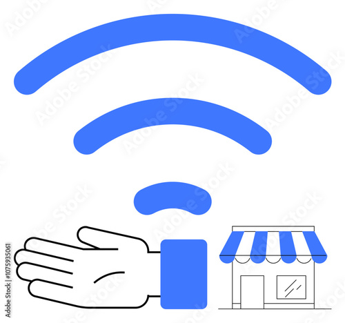 wireless symbol, outstretched hand, storefront. Ideal for connectivity, business support, technology, digital communication, retail internet services small business. Line metaphor