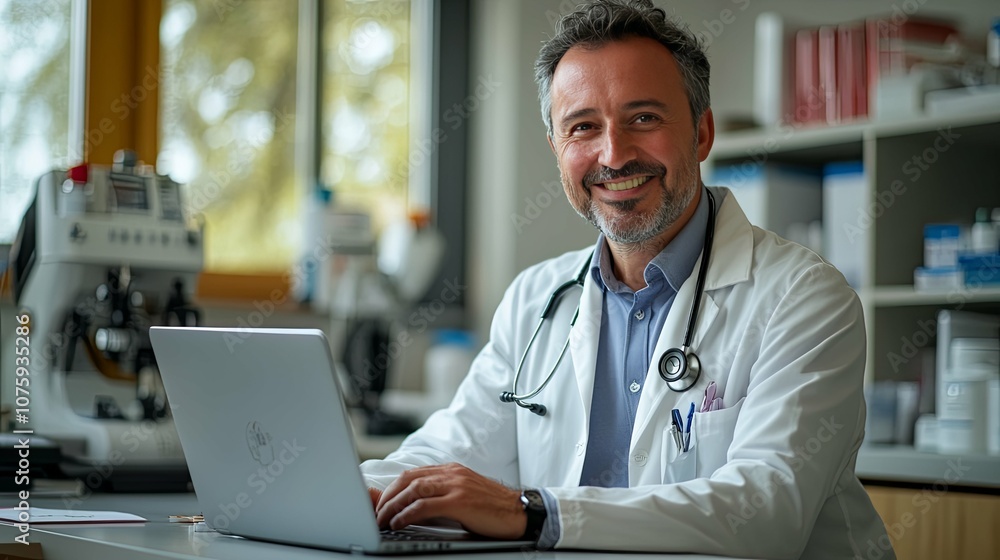 A man in a white lab coat is smiling and sitting in front of a laptop. He is a doctor or a scientist, and he is using the laptop A man in a white lab coat is smiling and sitting in front of a laptop. He is a doctor or a scientist, and he is using the laptop