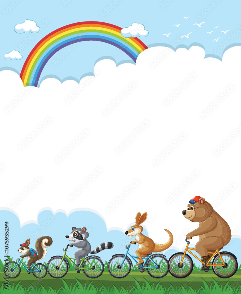 Obraz premium Animals Cycling Under a Rainbow