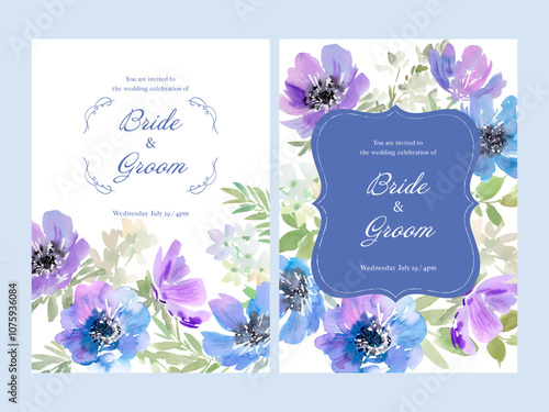 Wedding invitation card design set featuring abstract flowers and plants painted in watercolor. A hand-drawn card template set with blue and purple anemone flowers.