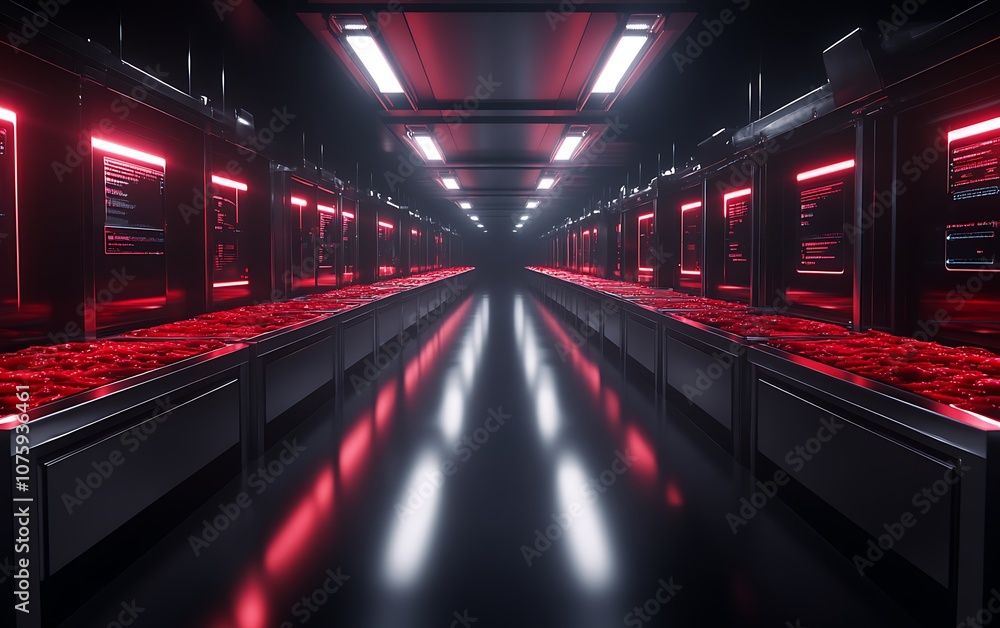 A futuristic, dark-themed interior featuring rows of illuminated red lights and sleek machinery, creating an immersive technological environment. A futuristic, dark-themed interior featuring rows of illuminated red lights and sleek machinery, creating an immersive technological environment.