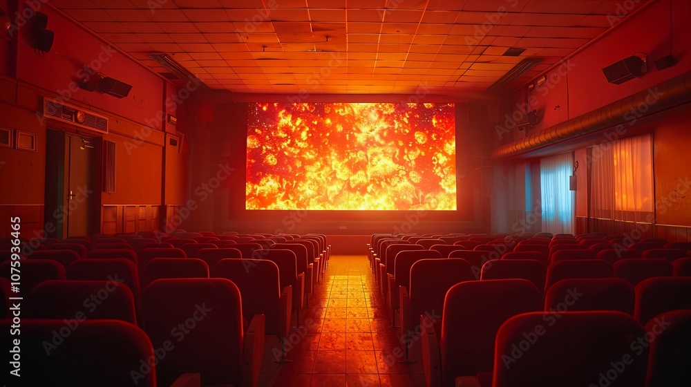 Empty Movie Theater Seats with Fiery Image on Screen Empty Movie Theater Seats with Fiery Image on Screen