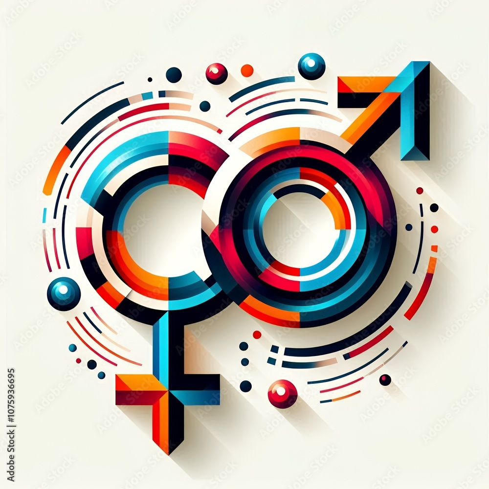 An abstract graphic representation of male and female symbols with vibrant geometric shapes and dynamic colors An abstract graphic representation of male and female symbols with vibrant geometric shapes and dynamic colors