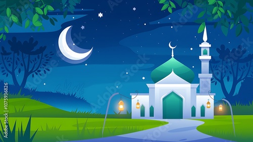 Mosque Under a Night Sky with Crescent Moon and Stars