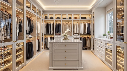 Luxurious modern walk-in closet with elegant shelving and organized clothing display