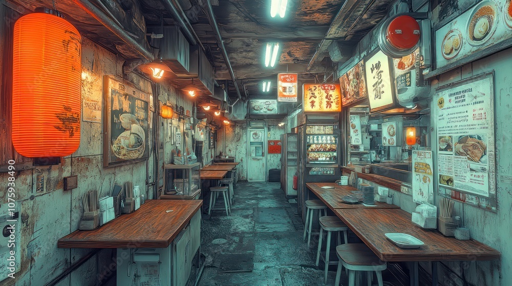 A narrow, dimly lit alleyway in a Japanese city, lined with small food stalls and restaurants. A narrow, dimly lit alleyway in a Japanese city, lined with small food stalls and restaurants.