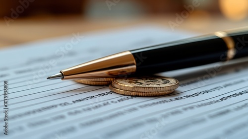 Wallpaper Mural A pen resting on a stack of coins, on a document with lines. Torontodigital.ca