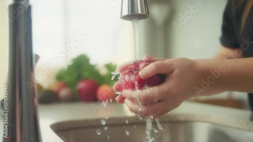 Woman washing fresh red apple under tap water in the kitchen sink. Slow motion. 