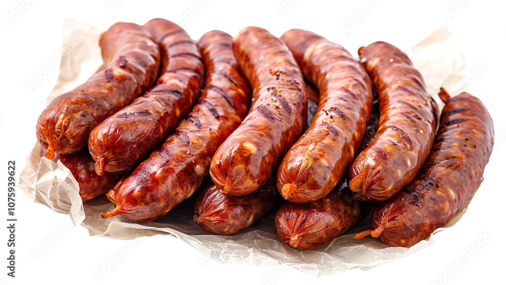 Many Smoked Sausages on Paper isolated on a transparent background Many Smoked Sausages on Paper isolated on a transparent background