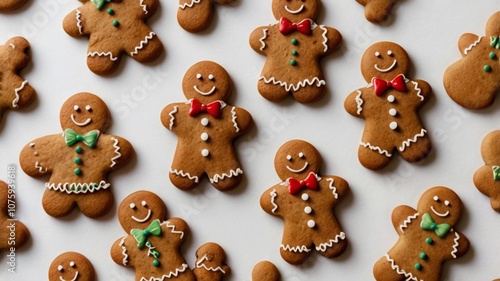 splashes of hot chocolate, gingerbread man and spices levitate on white isolated background