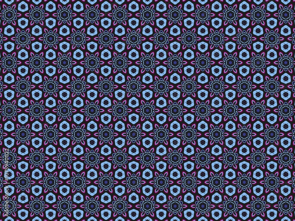 Seamless geometric pattern with blue and purple floral details on a dark background. Seamless geometric pattern with blue and purple floral details on a dark background.