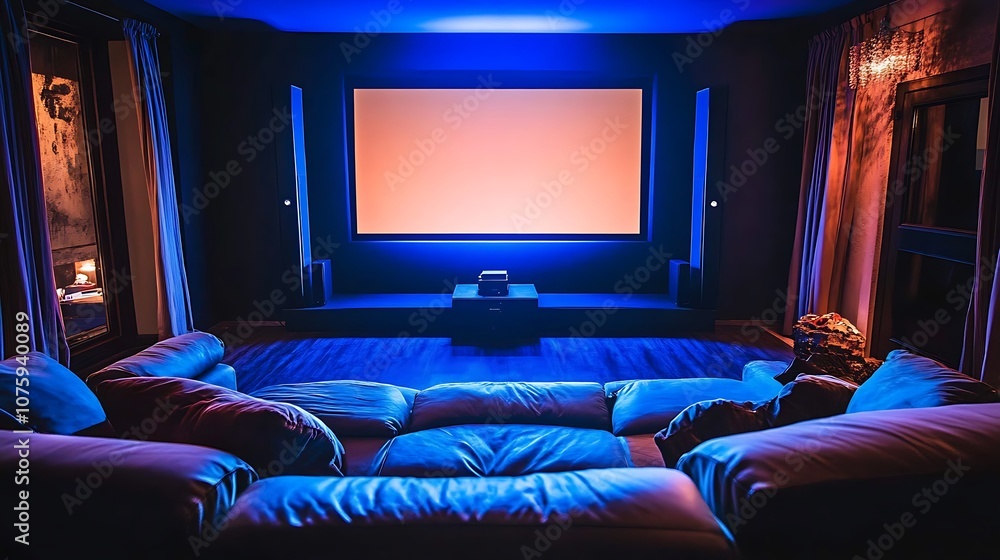 A cozy home theater with blue lighting and a large screen for movie watching. A cozy home theater with blue lighting and a large screen for movie watching.