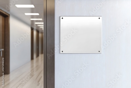 Name plate design mockup handing on door, 3d render. Door sign mock up template on entry in cabinet. Office hall interior with nameplate on door photo