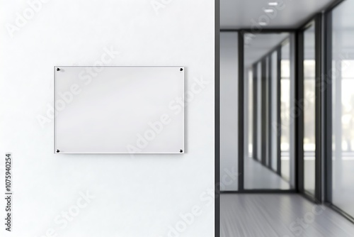 Name plate design mockup handing on door, 3d render. Door sign mock up template on entry in cabinet. Office hall interior with nameplate on door photo