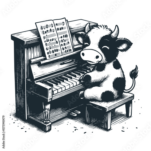 Cow playing piano. Black white vector illustration.