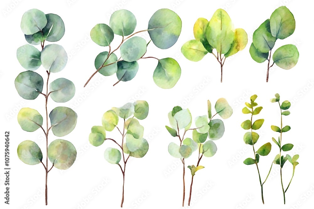 Obraz premium Watercolor eucalyptus round leaves and branches set