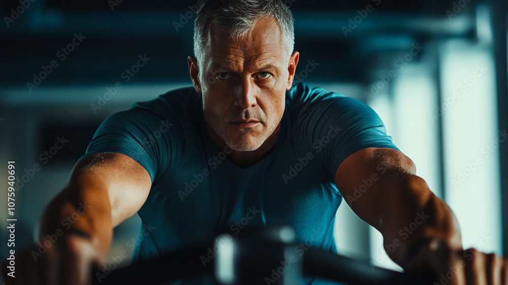 Man exercising intensely in a gym during evening hours, focusing on strength training Man exercising intensely in a gym during evening hours, focusing on strength training