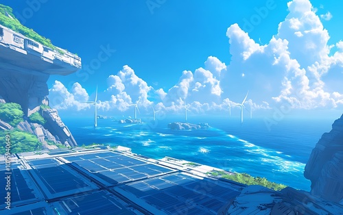 A vibrant, futuristic landscape featuring a serene ocean, lush greenery, and dramatic clouds under a bright blue sky.