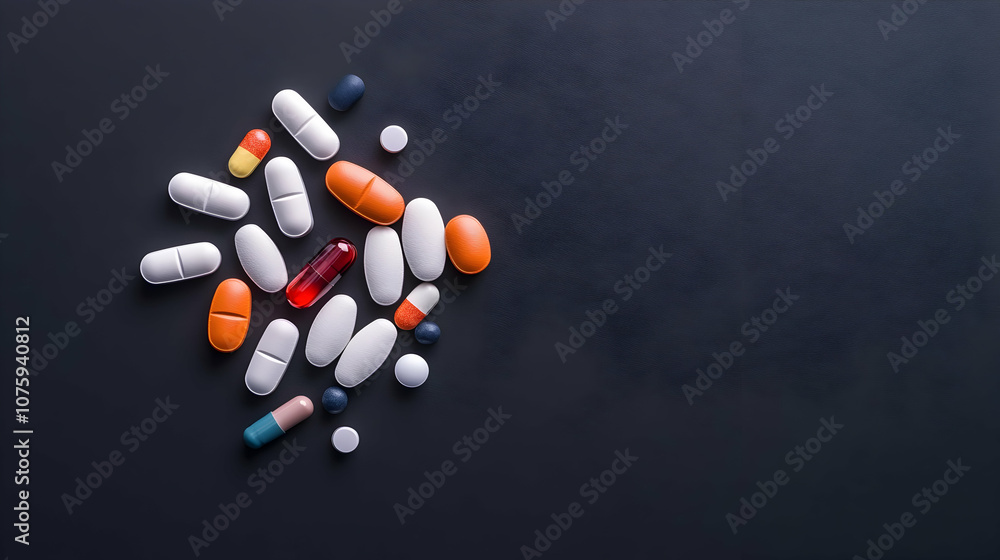 Opioid epidemic, featuring an array of prescription pills, medicine capsules, and tablets scattered Opioid epidemic, featuring an array of prescription pills, medicine capsules, and tablets scattered