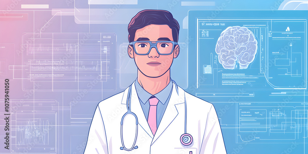 The Future of Medicine: A young doctor with a determined gaze stands against a backdrop of futuristic medical technology, showcasing the innovative and cutting-edge nature of modern healthcare. The Future of Medicine: A young doctor with a determined gaze stands against a backdrop of futuristic medical technology, showcasing the innovative and cutting-edge nature of modern healthcare.